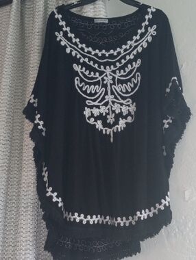 CatherinesBlack Embroidered Poncho Top with White Floral Detail
